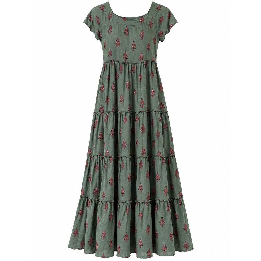 Natural Life Green Pink Floral Tiered Maxi Dress M Boho Cottagecore Prairie